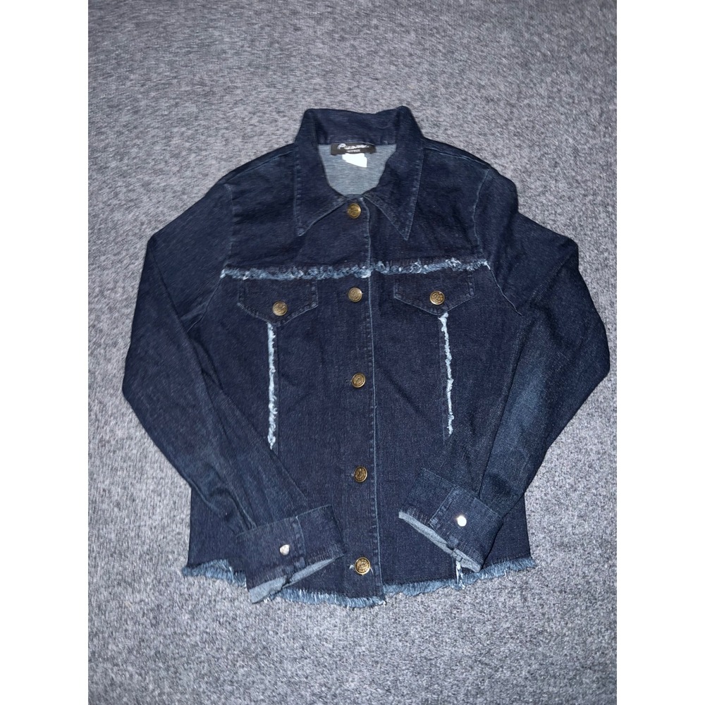 Picasso Style Womens Small Dark Wash Denim Look Fringe Jacket J-129-264 Navy
